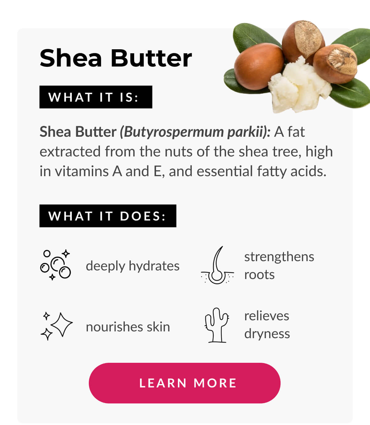 Shea Butter. What It Is: Shea Butter (Butyrospermum parkii): A fat extracted from the nuts of the shea tree, high in vitamins A and E, and essential fatty acids.