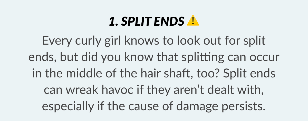 1. Split Ends Every curly girl knows to look out for split ends, but did you know that splitting can occur in the middle of the hair shaft, too? Split ends can wreak havoc if they aren’t dealt with, especially if the cause of damage persists.