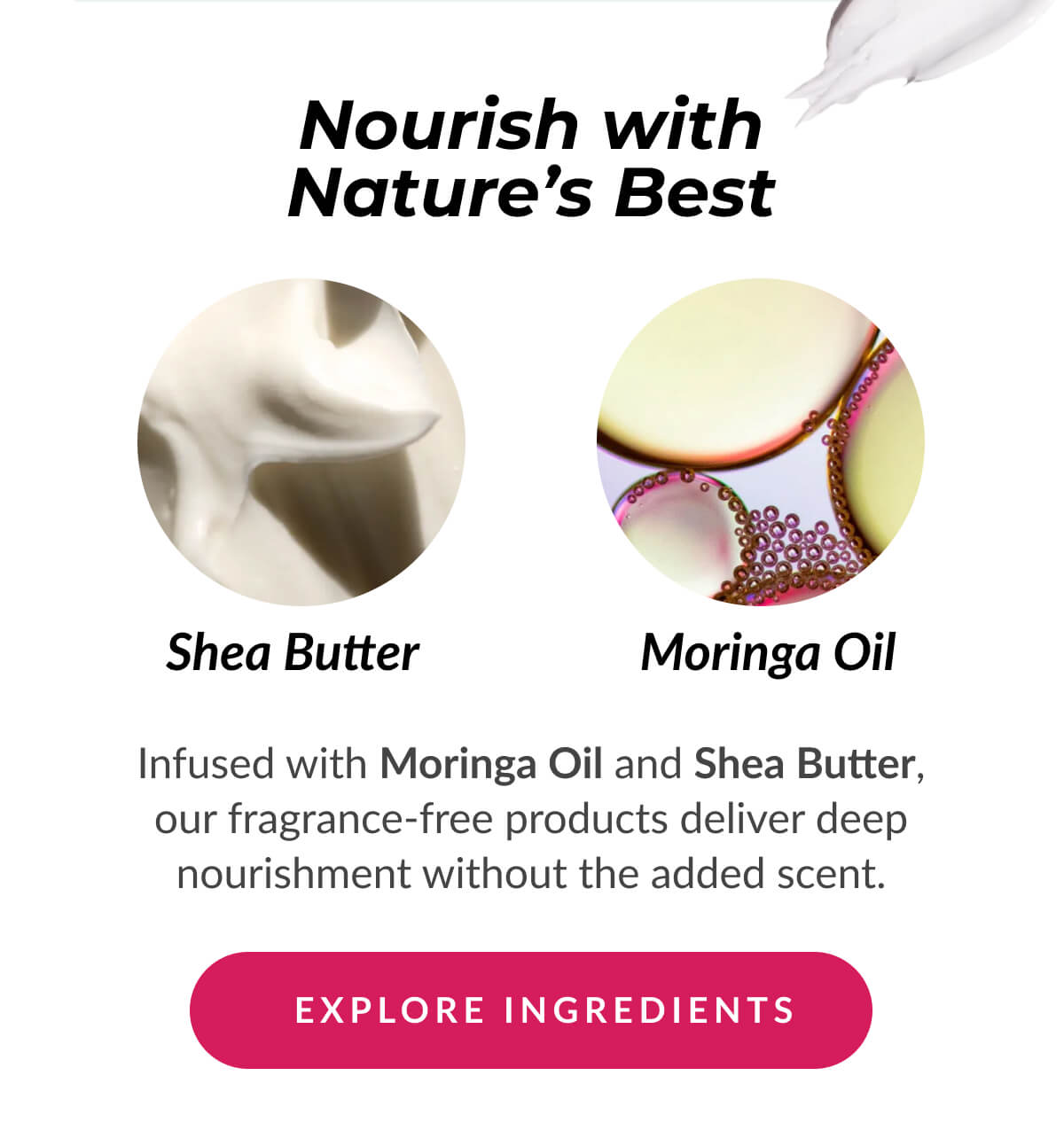 Nourish with Nature’s Best Infused with Moringa Oil and Shea Butter, our fragrance-free products deliver deep nourishment without the added scent.