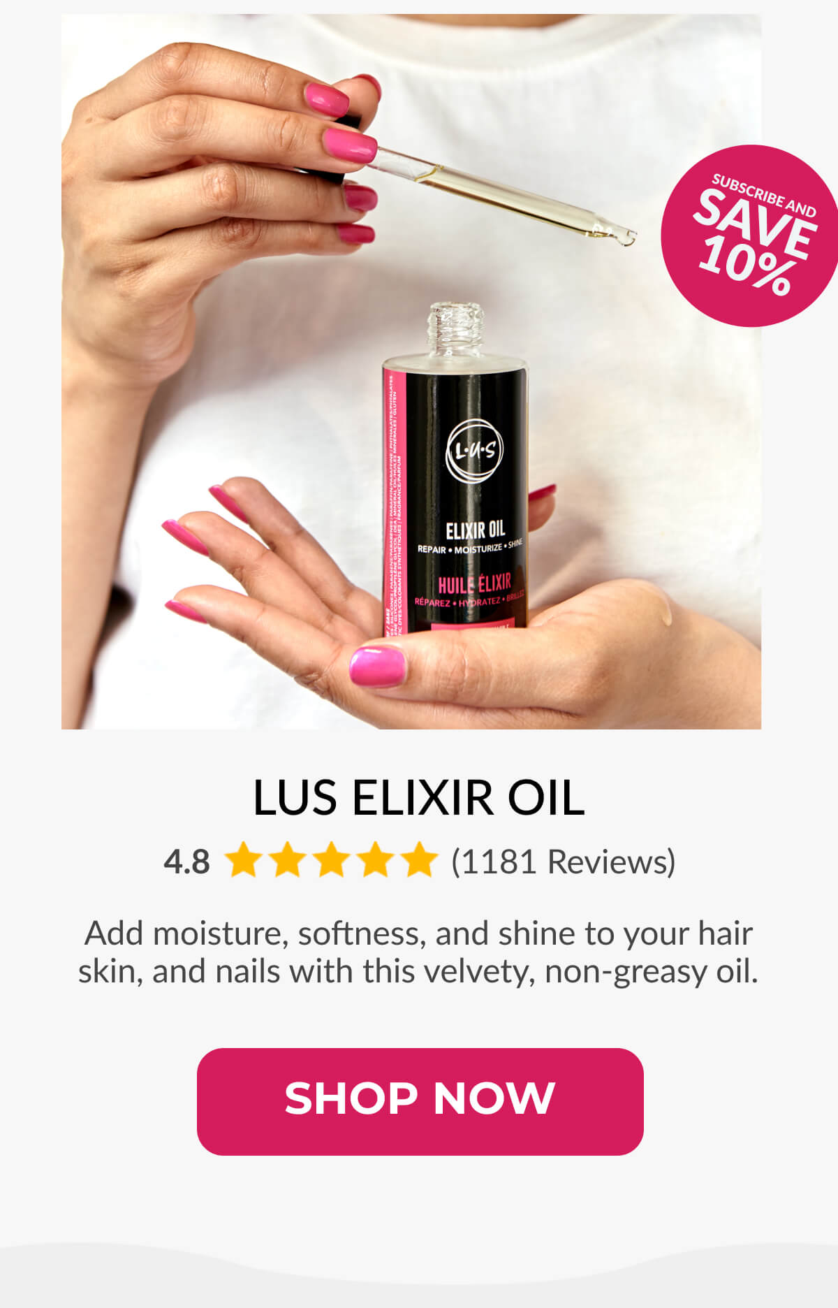 Lus Elixir Oil Add moisture, softness, and shine to your hair skin, and nails with this velvety, non-greasy oil.