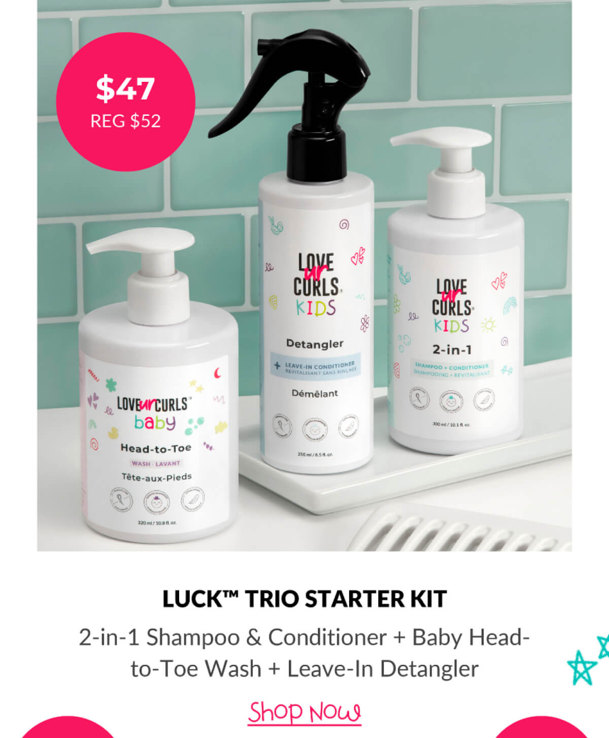 Luck Trio Starter Kit 2-in-1 Shampoo & Conditioner + Baby Head-to-Toe Wash + Leave-In Detangler