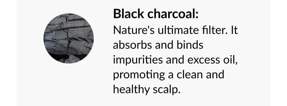 Black charcoal: Nature's ultimate filter. It absorbs and binds impurities and excess oil, promoting a clean and healthy scalp. 