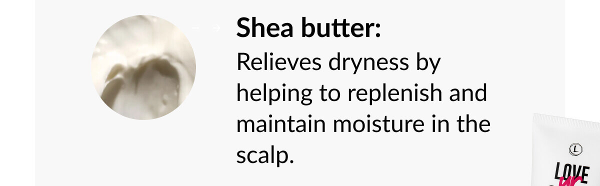 Shea butter: Relieves dryness by helping to replenish and maintain moisture in the scalp.